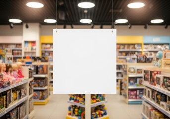 Hanging Banner Mockup Blank Store, empty square retail display for a kids shop sale or children's promotion