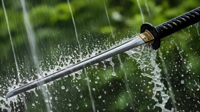 Katana's Edge: A Sharp Slice Through Rain with a Sword Dance Under a Gentle Downpour