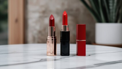 Stylish Red Lipsticks on Marble Table – Premium Beauty Products for Makeup Lovers