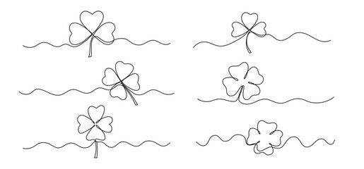 Clover one line illustrations set, symbol of St. Patricks Day continuous outline sketch, border