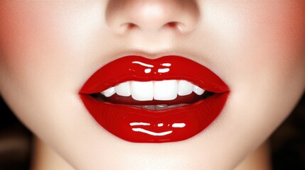 Close-Up of Gorgeous Red Lips with Glossy Finish and Perfectly White Teeth, Ideal for Beauty and Cosmetic Marketing