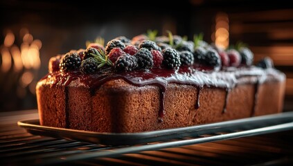 Freshly Baked Vanilla Cake Topped with Assorted Berries and Berry Sauce Glaze in Oven with Warm Glowing Light Creating an Inviting Atmosphere