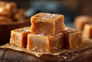 Freshly Made Salted Caramel Candy Cubes on Rustic Wood with Soft Focus Background and Delectable Treats for Sweet Lovers
