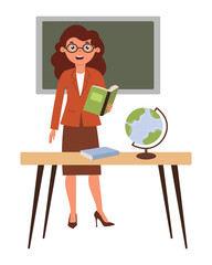 Teacher stands in classroom with book and globe, engaging students in geography lesson during school day. Business woman in flat style on white background. Vector illustration.