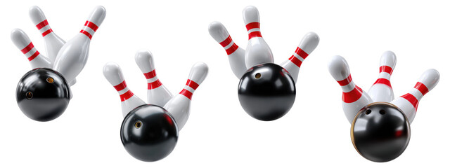 Black bowling balls knocking down white pins with red stripes