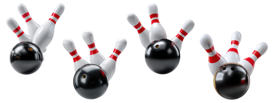 Black bowling balls knocking down white pins with red stripes