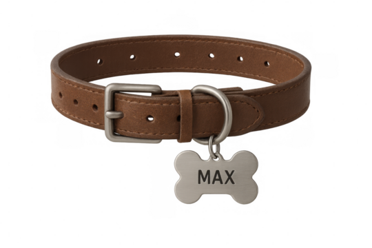 Brown leather dog collar with personalized name tag featuring the name max, isolated on transparent background