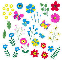 A colorful set of hand-drawn floral elements and butterflies. Bright botanical clipart collection with whimsical flowers, leaves, and nature details. Perfect for design and decoration.