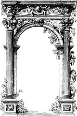 Vintage roman arch with decorative columns and ivy for retro design projects