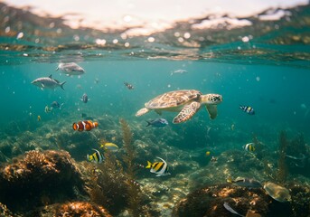 Fototapeta premium Underwater Oasis Sea Turtle Glides Through Coral Reef Amidst Colorful Fish, Sunlight Dappling Above, A Marine Ecosystem Symphony