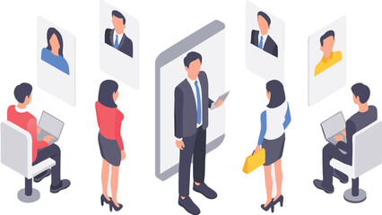 Isometric view of business meeting showing people with laptops and profile pictures on screen online call