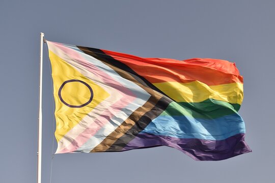 Close‑up of the intersex‑inclusive Pride flag fluttering in sunlight, highlighting unity and acceptance