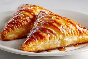 Golden Brown Pastry with Glossy Syrup Drizzle on White Plate Perfect for Delicious Dessert or Snack in a Bright Kitchen Setting