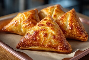 Golden Brown Puff Pastries on a Tray with Crispy Exterior and Flaky Texture Ideal for Food Photography and Culinary Art Display in Restaurant Setting