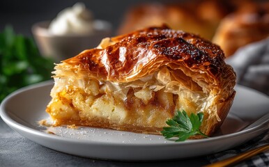Golden Crispy Pastry Slice with Sweet Filling on a Plate Surrounded by Fresh Herbs and Cream Background Ideal for Food Photography and Culinary Art