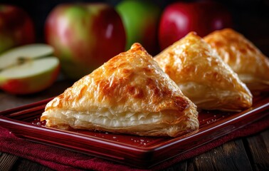 Golden flaky pastries filled with sweet creamy apple filling on a rustic wooden table surrounded by fresh green and red apples