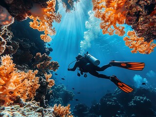 Underwater diver exploring vibrant coral reef. Sunlight streams through water, illuminating coral and fish