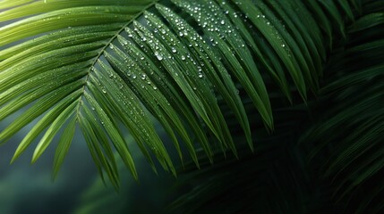 Dew-Covered Palm Leaf in Tropical Rainforest