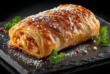 Golden Pastry Roll Filled with Sweet Apples and Cinnamon on Slate Serving Board, Sprinkled with Powdered Sugar and Fresh Herbs
