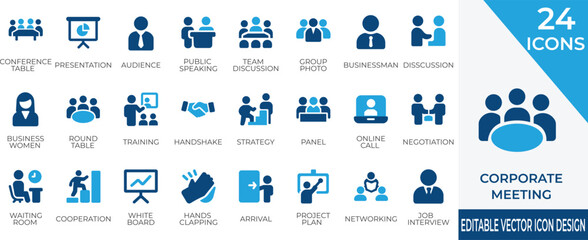 A PROFESSIONAL VECTOR ICON COLLECTION REPRESENTING CORPORATE MEETING , TEAMWORK, AND BUSINESS STRATEGY, ELEMENTS. PERFECT FOR OFFICE PRESENTATION, HR DOCUMENTS AND ENTERPRISE UI DESIGN 