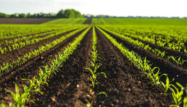 Young corn plants in rows