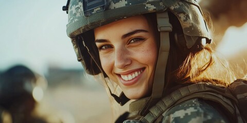 Happy young woman wearing army gear, smiling brightly at the camera.