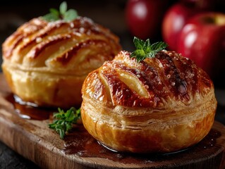 Golden-brown apple pastries with flaky crust and sugar glaze resting on wooden board with fresh apples in the background for culinary delight