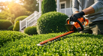 Man Trimming Hedges with Electric Hedge Trimmer in Sunny Backyard Garden