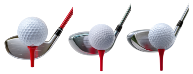 Close-up of golf balls on red tees with metal golf drivers