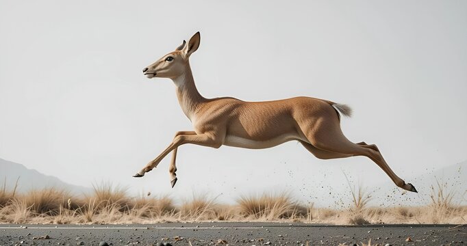 Agile deer leaps across asphalt, showcasing wild nature, and its beautiful coat against a background of natural grassland.