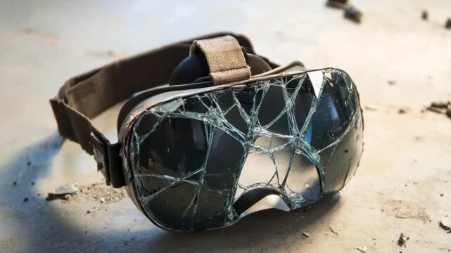 This footage shows a damaged virtual reality headset. It symbolizes the pitfalls of technological advancement. A thought-provoking visual. Generative AI