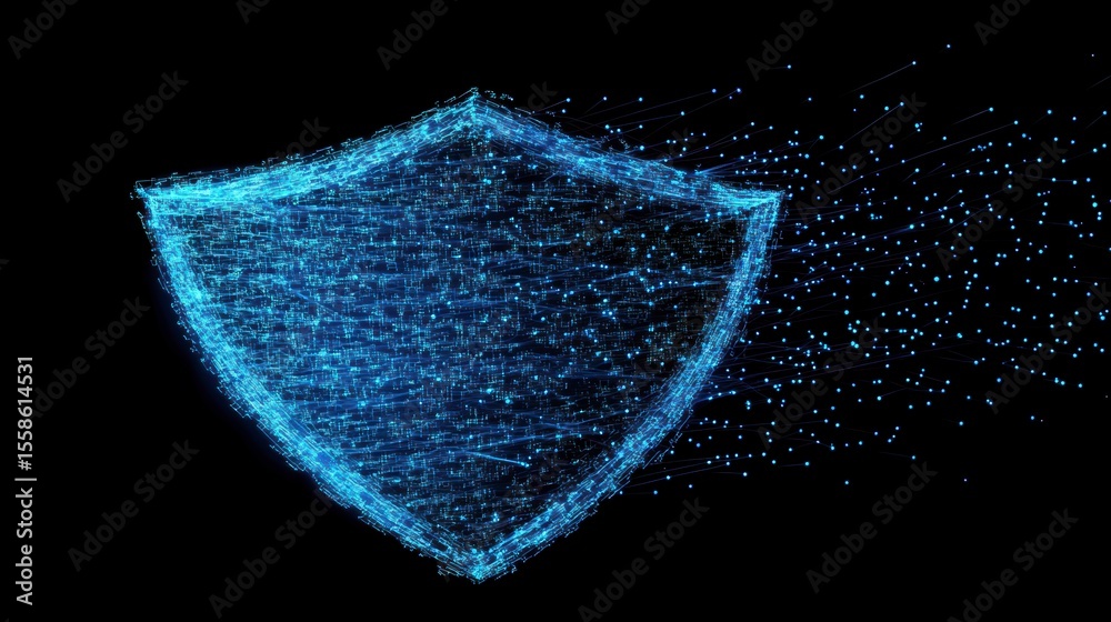 Poster Abstract digital shield dissolving into particles, cybersecurity concept.