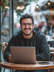 Obraz premium Young man in glasses smiling at laptop while sitting outside at a cafe table.
