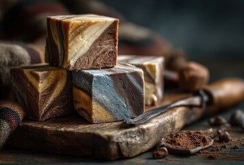Gourmet artisan chocolates arranged on a rustic wooden board with cocoa powder, inviting texture and rich colors creating a warm and cozy atmosphere