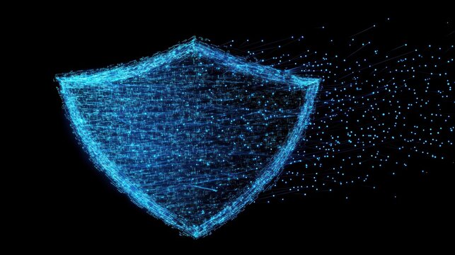 Abstract digital shield dissolving into particles, cybersecurity concept.