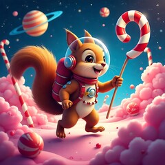 “Whimsical Astronaut Squirrel with Candy Cane in Fantasy Galaxy