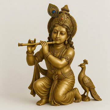 Shri Krishna Murti with Flute and Peacock on White Background

