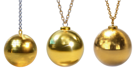 Shiny golden disco balls hanging on metallic chains