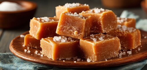 Homemade Caramel Fudge on a Rustic Plate with Sea Salt Sprinkles for Sweet Treat or Dessert Lovers in a Cozy Setting
