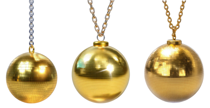 Shiny golden disco balls hanging on metallic chains