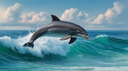 Fototapeta premium A majestic dolphin leaps joyfully through a turquoise ocean wave under a cloudy blue sky