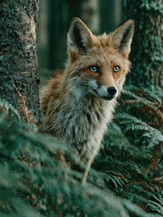Fototapeta premium red fox with blue eyes looking through green branches