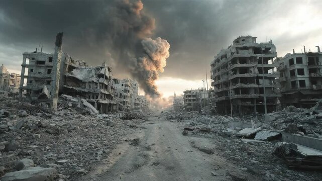 Destroyed city with smoke rising from ruins and collapsed buildings after bombing in war zone devastation