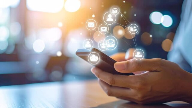Man using smartphone with social network icons, illustrating global connectivity and communication - Powered by Adobe