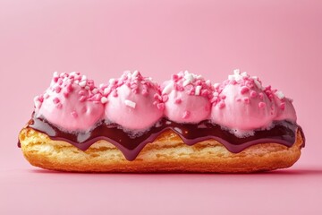 A delightful dessert featuring pink frosting and chocolate drizzle, topped with sprinkles.