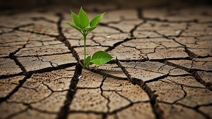 Cracked Earth with Single Green Leaf Emerging