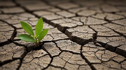 Dry Cracked Soil with One Green Leaf Growing