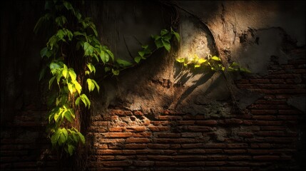 Brick Wall with Vine Growth in Shadow