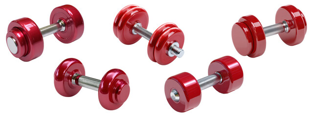 Glossy red dumbbells with metal handles