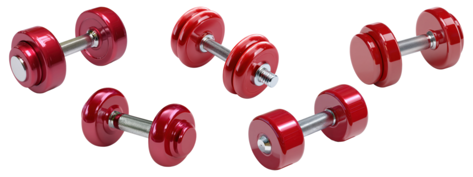 Glossy red dumbbells with metal handles